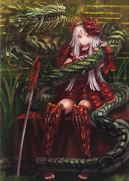 Anime picture 2492x3513 with original denki single long hair tall image highres sitting white hair scan orange eyes fantasy mask on head girl weapon sword armor mask dragon