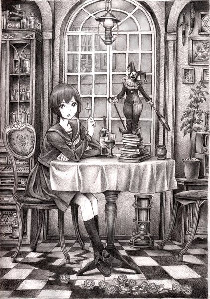 Anime picture 1200x1707 with nobita (makoto7060355) tall image short hair open mouth checkered floor checkered clown girl flower (flowers) plant (plants) serafuku window book (books) chair cross table lamp glass wine