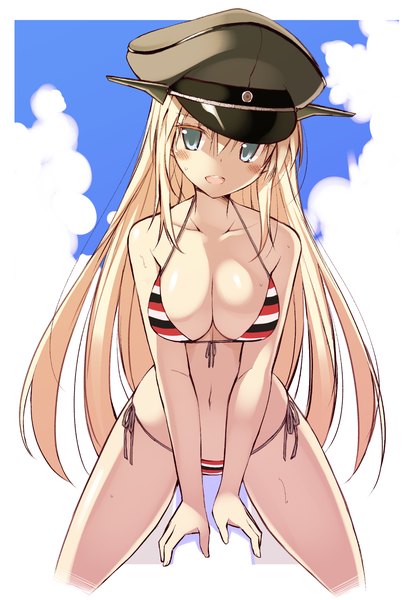 Anime picture 1280x1859 with kantai collection bismarck battleship oota yuuichi single long hair tall image blush breasts blue eyes light erotic blonde hair sitting bare shoulders sky cleavage cloud (clouds) bare belly border girl navel