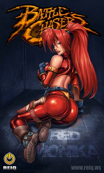 Anime picture 640x1059 with battle chasers red monika (battle chasers) reiq (artist) single long hair tall image breasts light erotic green eyes ponytail red hair huge breasts hand on chest girl gloves earrings boots