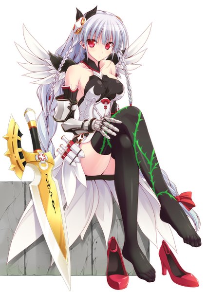 Anime picture 981x1390 with puzzle & dragons valkyrie (p&d) naturalton single long hair tall image looking at viewer blush simple background red eyes white background sitting silver hair braid (braids) high heels no shoes twin braids crossed legs girl thighhighs
