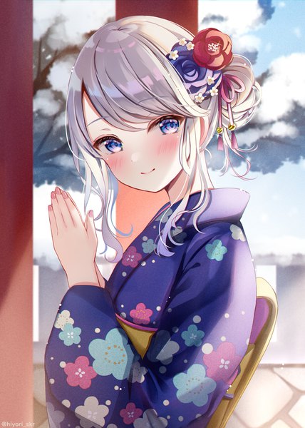Anime picture 776x1088 with original sakura hiyori single long hair tall image looking at viewer blush blue eyes smile silver hair upper body traditional clothes japanese clothes turning head new year praying girl hair ornament kimono obi