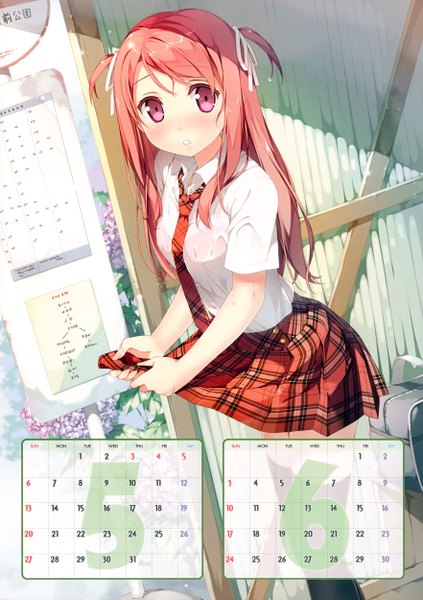Anime picture 3525x5000 with original kantoku - 2012 calendar kurumi (kantoku) kantoku single long hair tall image looking at viewer blush highres open mouth pink hair absurdres pink eyes wet two side up wet clothes skirt hold wringing clothes calendar 2012
