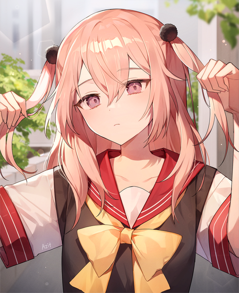 Anime picture 1000x1228 with sono bisque doll wa koi wo suru cloverworks inui sajuna azit (down) single long hair tall image fringe hair between eyes pink hair upper body pink eyes two side up lens flare holding hair girl uniform serafuku vest