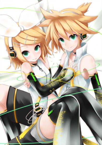 Anime picture 1754x2480 with vocaloid kagamine rin kagamine len hiiragi hajime tall image highres short hair blonde hair white background bare shoulders green eyes couple girl thighhighs boy bow hair bow detached sleeves headphones