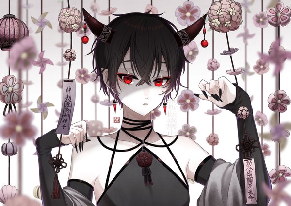 Anime picture 2047x1447 with original kokage (hatomugi7422) single looking at viewer fringe highres short hair black hair simple background hair between eyes red eyes standing bare shoulders payot upper body nail polish parted lips horn (horns) fingernails blurry