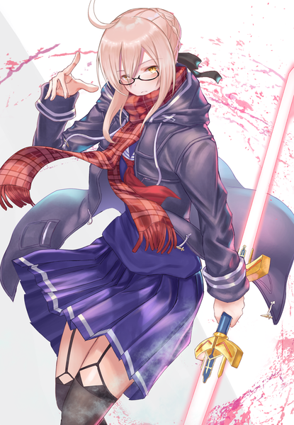 Anime picture 2143x3099 with fate (series) fate/grand order artoria pendragon (all) mysterious heroine x (alter) (fate) mysterious heroine x alter (first ascension) (fate) hayataku1234 single tall image looking at viewer fringe highres short hair blonde hair hair between eyes yellow eyes payot ahoge arm up open jacket girl