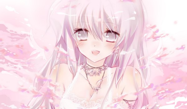 Anime-Bild 1200x700 mit single long hair blush smile wide image pink hair cleavage pink background girl petals wings pendant