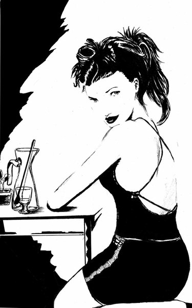 Anime picture 707x1130 with original arkamui single long hair tall image looking at viewer black hair sitting bare shoulders ponytail looking back black eyes shadow monochrome girl table drink glass