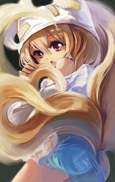 Anime picture 756x1200 with touhou yakumo ran summercards single tall image short hair open mouth blonde hair red eyes tail animal tail fox tail fox girl dark background multiple tails girl skirt miniskirt cap