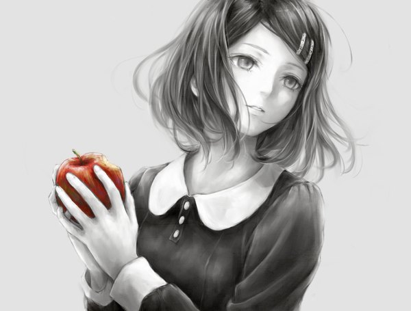 Anime picture 1000x759 with original nuwanko single short hair breasts simple background looking away ahoge parted lips head tilt grey hair grey background grey eyes monochrome spot color girl bobby pin fruit apple