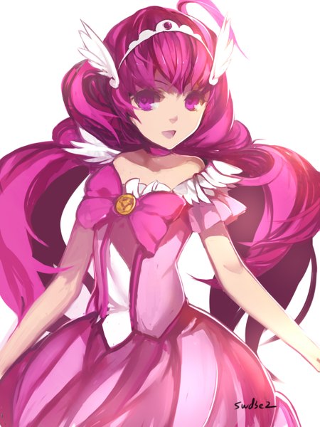 Anime picture 1133x1511 with precure smile precure! toei animation hoshizora miyuki cure happy swd3e2 single long hair tall image looking at viewer fringe open mouth simple background white background twintails bare shoulders signed pink hair pink eyes sleeveless