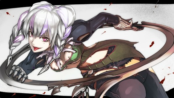 Anime picture 1280x720 with soulcalibur soulcalibur v tira (soulcalibur) tea (nakenashi) single long hair looking at viewer breasts wide image white hair braid (braids) pink eyes mole mole under eye twin braids girl gloves weapon tongue blood