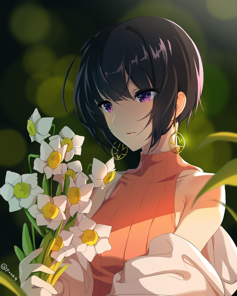 Anime picture 1500x1875 with idolmaster idolmaster cinderella girls idolmaster cinderella girls starlight stage shirayuki chiyo akamoku single tall image fringe short hair open mouth black hair simple background hair between eyes purple eyes bare shoulders holding signed looking away upper body off shoulder