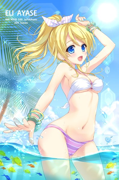 Anime picture 800x1211 with love live! school idol project sunrise (studio) love live! ayase eli ameto yuki single long hair tall image looking at viewer blush breasts open mouth light erotic blonde hair bare shoulders ponytail inscription bare belly character names lens flare