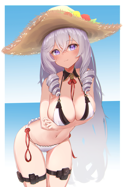 Anime picture 1723x2571 with azur lane algerie (azur lane) algerie (white sand angel) (azur lane) hiruno ushiro single long hair tall image looking at viewer fringe highres breasts light erotic hair between eyes large breasts purple eyes silver hair leaning leaning forward drill hair border