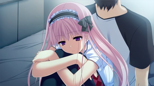 Anime picture 1280x720 with tojita sekai no tori colony long hair wide image purple eyes pink hair game cg back to back girl boy bow hair bow hairband