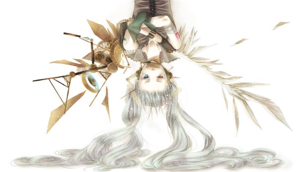 Anime-Bild 1648x961 mit vocaloid hatsune miku shino (syllable) single looking at viewer fringe simple background wide image white background twintails very long hair grey hair alternate costume heterochromia facial mark crossed arms white wings upside down mechanical wings alternate color