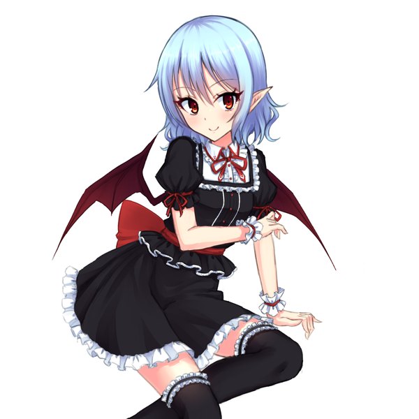 Anime picture 1280x1280 with touhou remilia scarlet junior27016 single looking at viewer fringe short hair simple background smile hair between eyes red eyes white background sitting blue hair head tilt pointy ears short sleeves zettai ryouiki puffy sleeves bat wings