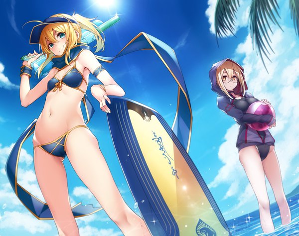 Anime picture 900x711 with fate (series) fate/grand order artoria pendragon (all) mysterious heroine x (alter) (fate) mysterious heroine x (fate) kodama yuu long hair looking at viewer fringe light erotic blonde hair smile hair between eyes standing multiple girls holding payot sky cloud (clouds) ponytail
