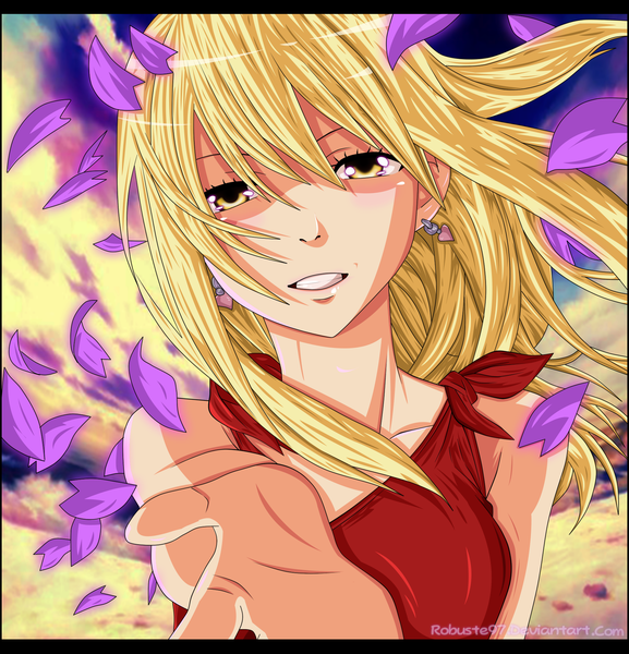 Anime picture 1800x1871 with fairy tail lucy heartfilia robuste97 single long hair tall image highres blonde hair smile yellow eyes sky cloud (clouds) coloring portrait girl dress earrings petals red dress