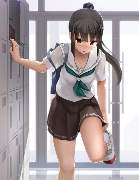 Anime picture 1157x1500 with original eto single long hair tall image looking at viewer blush open mouth black hair brown eyes ponytail girl skirt uniform school uniform school bag