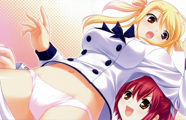 Anime picture 3500x2275 with hoshiuta kuroda yui houjyou arisa fumio (ura fmo) highres light erotic blonde hair red eyes multiple girls brown eyes absurdres red hair undressing girl underwear panties 2 girls