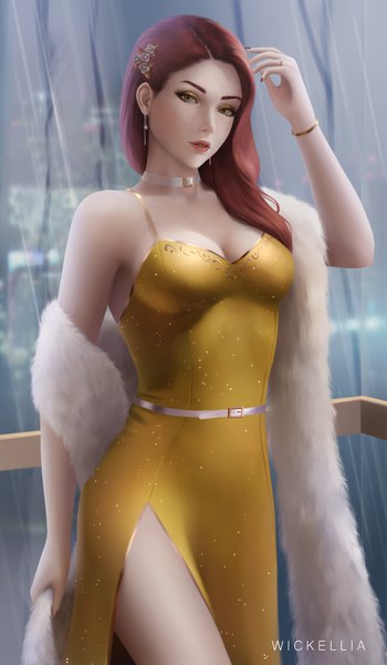 Anime picture 3500x6000 with original wickellia single long hair tall image looking at viewer highres breasts standing holding yellow eyes absurdres cleavage red hair nail polish arm up lips realistic fur trim lipstick
