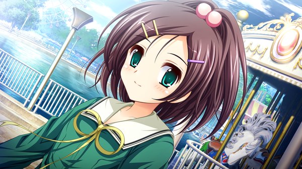 Anime picture 1280x720 with ren'ai kateikyoushi rurumi coordinate! (game) kurokawa shizuku suzui narumi single looking at viewer blush short hair black hair smile wide image green eyes game cg ponytail girl uniform hair ornament ribbon (ribbons) serafuku bobby pin hair bobbles