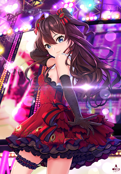 Anime picture 1500x2155 with idolmaster idolmaster cinderella girls idolmaster cinderella girls starlight stage ichinose shiki infinote single long hair tall image looking at viewer blush fringe breasts blue eyes smile hair between eyes brown hair standing signed looking back arm up