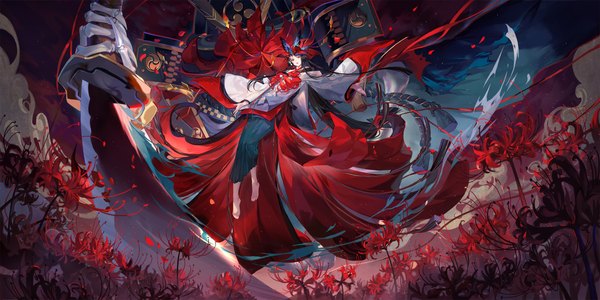 Anime picture 3000x1500 with onmyoji higanbana (onmyoji) yomei higanbana (onmyoji) criin single looking at viewer highres black hair red eyes wide image full body long sleeves very long hair traditional clothes japanese clothes barefoot floating hair spread arms low ponytail flying