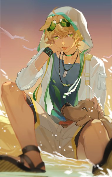 Anime picture 1898x3000 with arknights tequila (arknights) sorashido single tall image looking at viewer fringe highres short hair blonde hair hair between eyes sitting green eyes animal ears outdoors head rest dog ears dog boy boy animal
