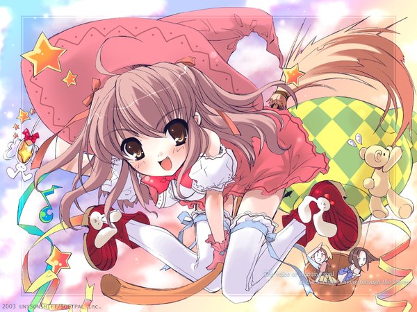 Anime picture 1600x1200 with komorebi ni yureru tamashii no koe itou noiji long hair looking at viewer blush open mouth brown hair brown eyes witch girl thighhighs dress hat white thighhighs star (symbol) toy witch hat stuffed animal teddy bear musical note