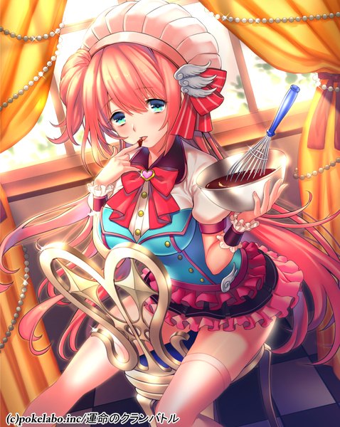 Anime picture 797x1000 with fuji minako single long hair tall image looking at viewer blush blue eyes sitting pink hair finger to mouth valentine girl thighhighs dress white thighhighs food frills sweets chair chocolate