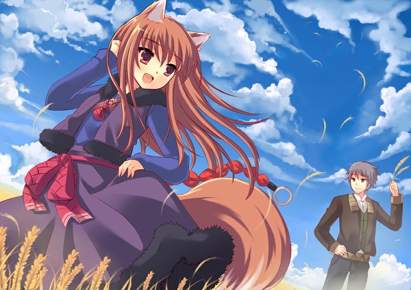 Anime picture 1000x707 with spice and wolf horo craft lawrence peach88 long hair blush short hair open mouth smile brown hair brown eyes sky cloud (clouds) pink eyes looking back grey hair wolf ears wolf tail wolf girl girl