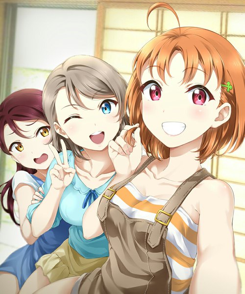 Anime picture 850x1020 with love live! sunshine!! sunrise (studio) love live! sakurauchi riko watanabe you takami chika surfing orange long hair tall image looking at viewer short hair open mouth blue eyes bare shoulders multiple girls yellow eyes ahoge red hair one eye closed pink eyes