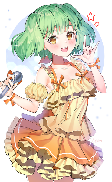Anime picture 900x1459 with macross macross frontier ranka lee posom single tall image looking at viewer blush short hair open mouth white background yellow eyes :d green hair teeth sparkle two side up mmm girl skirt