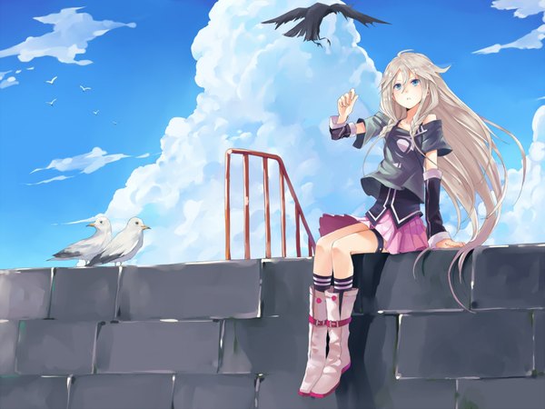 Anime picture 1920x1440 with vocaloid ia (vocaloid) hao (patinnko) single long hair highres blue eyes sitting cloud (clouds) full body outdoors white hair girl skirt detached sleeves animal socks boots bird (birds) pink skirt