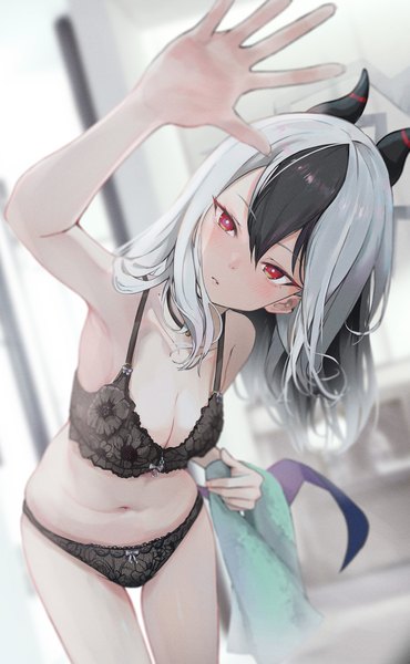 Anime picture 2877x4668 with blue archive kayoko (blue archive) peropicnic single long hair tall image fringe highres light erotic black hair hair between eyes red eyes standing silver hair indoors head tilt multicolored hair arm up horn (horns) two-tone hair