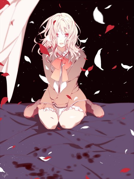 Anime picture 700x933 with diabolik lovers idea factory komori yui caprice single long hair tall image looking at viewer fringe open mouth blonde hair red eyes sitting wind tears crying girl skirt uniform bow