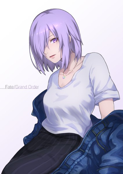 Anime picture 848x1200 with fate (series) fate/grand order mash kyrielight re (re 09) single tall image looking at viewer fringe short hair simple background purple eyes purple hair hair over one eye open jacket copyright name girl jacket pendant t-shirt