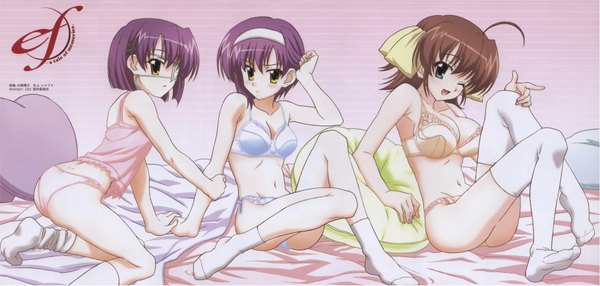 Anime picture 7279x3476 with ef shaft (studio) miyamura miyako shindou kei shindou chihiro ookaji hiroyuki looking at viewer blush fringe highres short hair open mouth blue eyes hair between eyes brown hair wide image sitting multiple girls yellow eyes purple hair