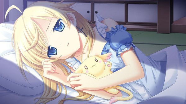 Anime picture 1024x576 with shion no ketsuzoku (game) long hair blue eyes blonde hair wide image game cg loli girl tatami