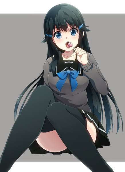 Anime picture 1000x1376 with original keita (tundereyuina) single long hair tall image looking at viewer blush fringe breasts open mouth blue eyes light erotic black hair sitting holding pleated skirt legs girl thighhighs skirt