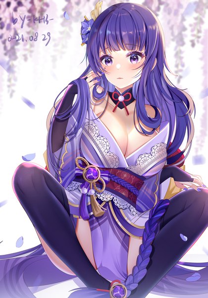 Anime picture 1400x2000 with genshin impact raiden shogun miaogujun single tall image blush breasts light erotic large breasts purple eyes signed looking away purple hair full body bent knee (knees) braid (braids) very long hair nail polish traditional clothes japanese clothes