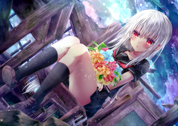 Anime picture 877x620 with original tetsu tissue single long hair blush fringe hair between eyes red eyes sitting holding looking away sky cloud (clouds) full body bent knee (knees) white hair pleated skirt :o soles knees together feet apart