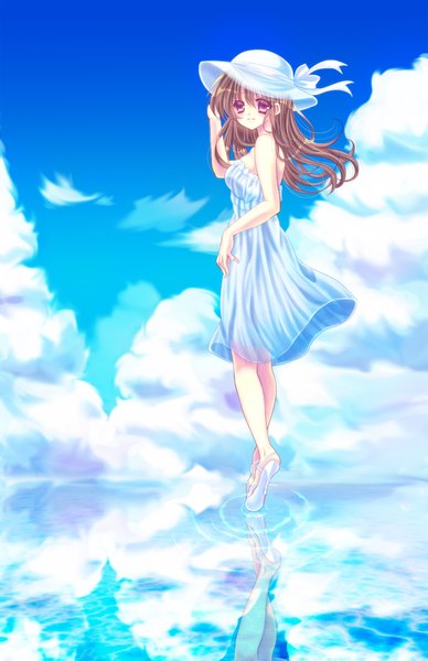Anime picture 1500x2315 with original momomiya mion single long hair tall image red eyes brown hair cloud (clouds) looking back reflection girl hat sundress