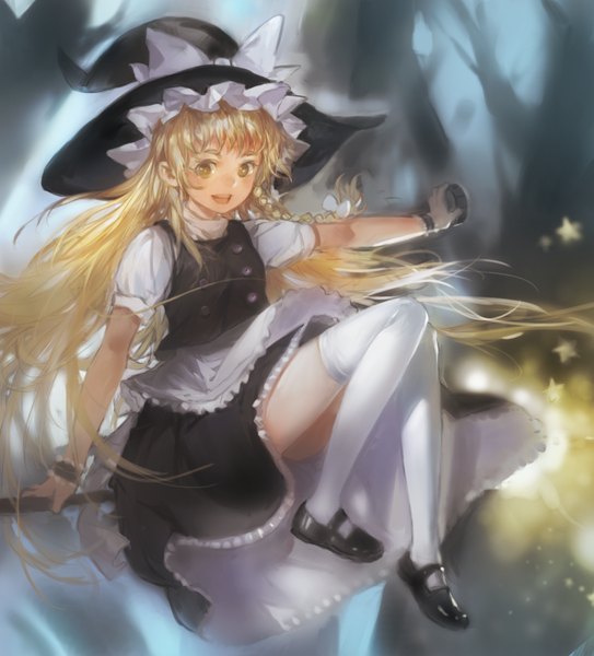 Anime picture 1122x1238 with touhou kirisame marisa zrero single long hair tall image fringe blonde hair sitting yellow eyes braid (braids) twin braids happy girl thighhighs skirt gloves bow hair bow hat