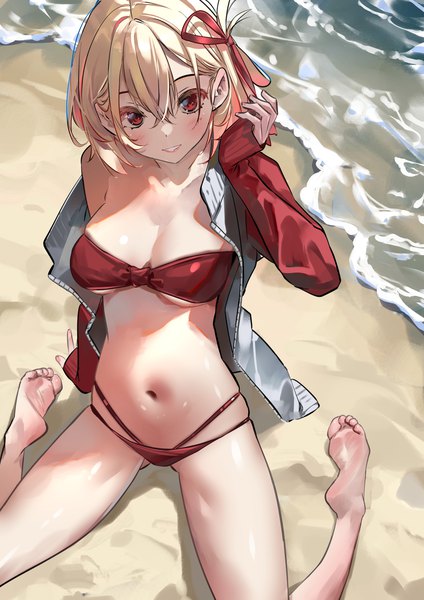 Anime picture 2480x3508 with lycoris recoil nishikigi chisato sydus single tall image looking at viewer blush fringe highres short hair breasts light erotic blonde hair hair between eyes red eyes sitting bent knee (knees) outdoors long sleeves parted lips