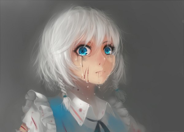 Anime picture 1147x825 with touhou izayoi sakuya sola7764 single looking at viewer short hair blue eyes simple background white hair braid (braids) grey background tears twin braids crying girl blood